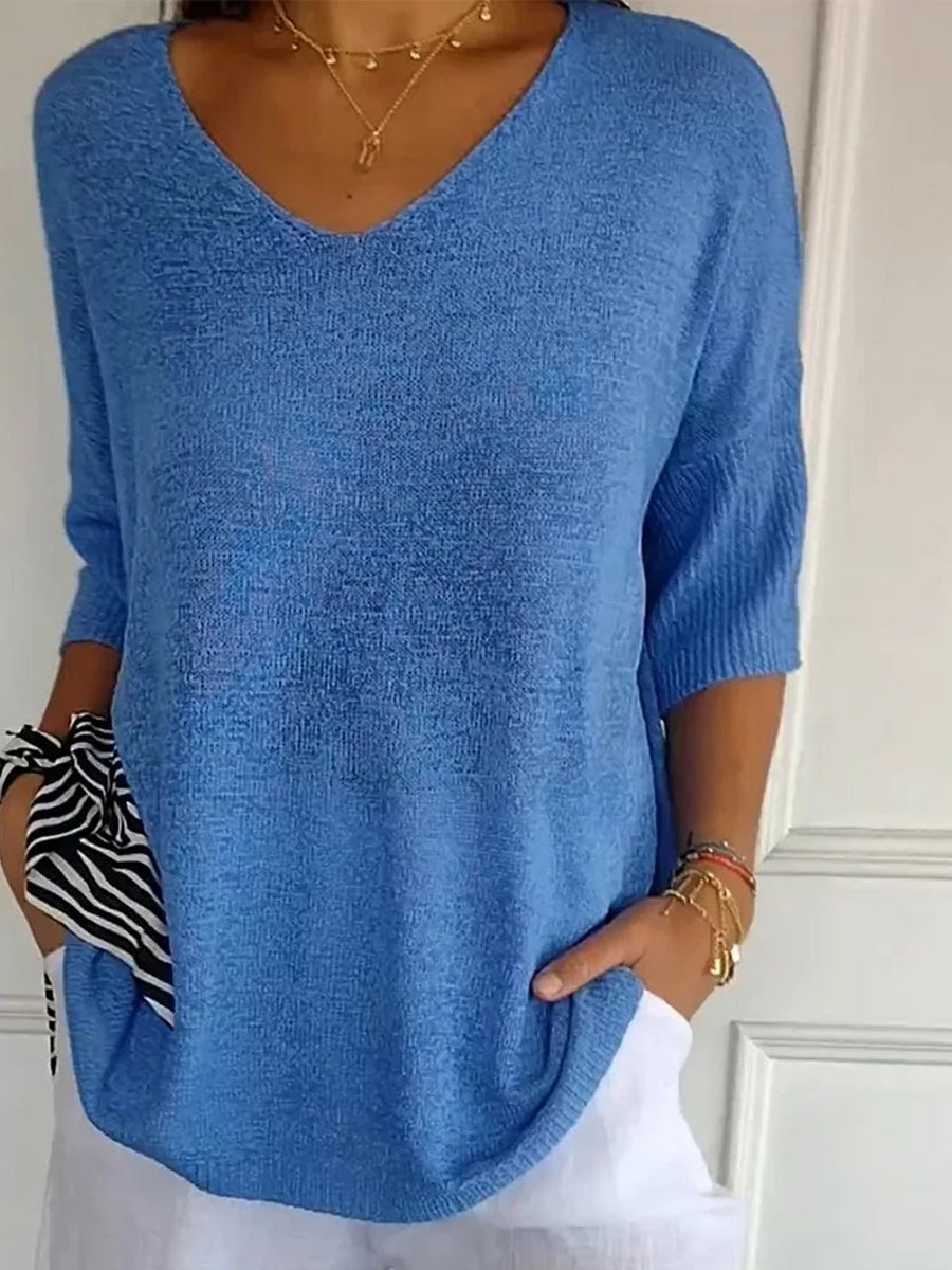 Women's Casual V-Neck 3/4 Sleeve Loose Knit Top