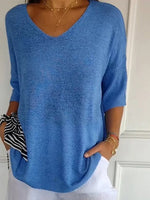 Women's Casual V-Neck 3/4 Sleeve Loose Knit Top