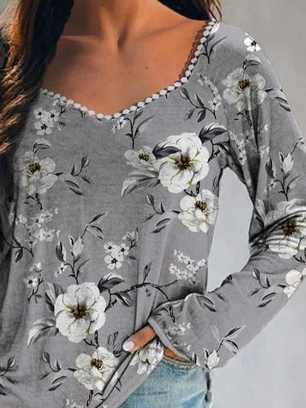 Gray Casual Tops V-neck Long Sleeve Floral Printed Sweatshirt