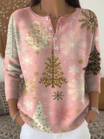 Women's Christmas Tree Pattern Art Print Buttoned Round Neck Long Sleeve Cardigan Sweater