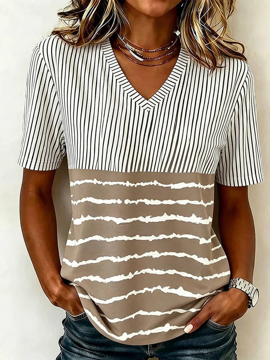 Casual Stripe Color-Block V-Neck Short Sleeve T-Shirt