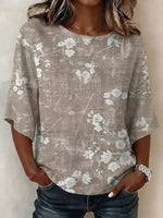Vintage Floral Round Neck Flare 3/4 Sleeve Sleeve Pocket Tunic