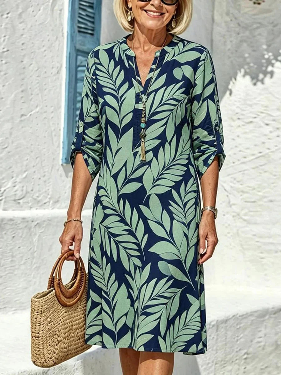 Navy Green Leaf Roll Tab Sleeve V-neck Midi Dress