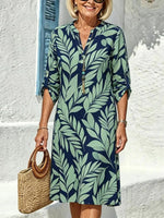Navy Green Leaf Roll Tab Sleeve V-neck Midi Dress