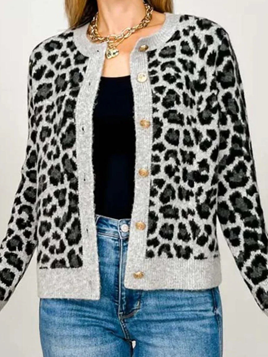 Grey Leopard Print Button Down Knit Cardigan