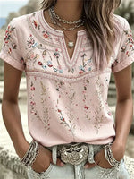 Casual Floral Notched Short Sleeve T-shirt