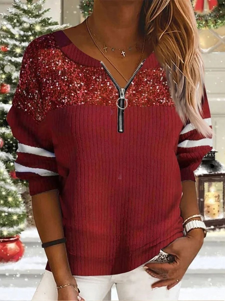 Red Casual V Neck Splicing Half Sleeve Xmas Sweater