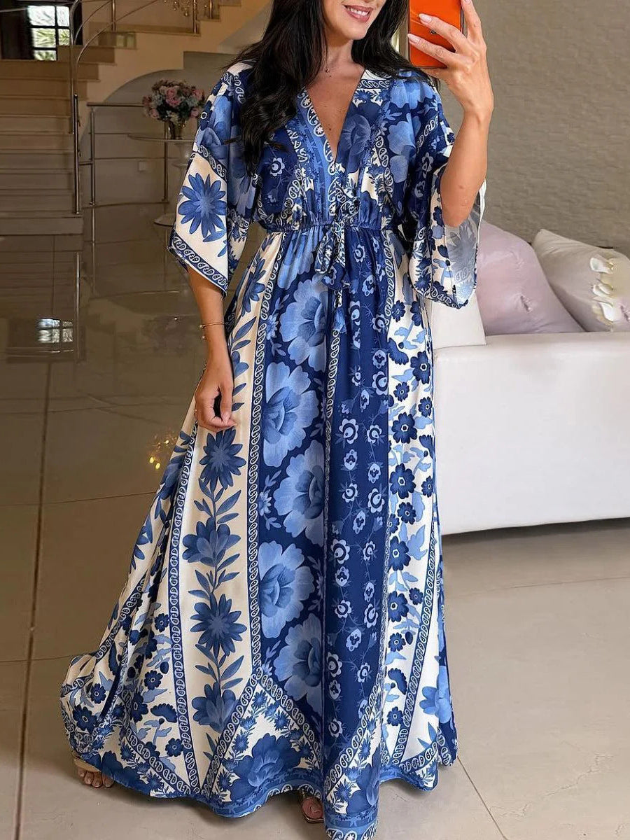 Blue V-neck Short Sleeve Floral Print Maxi Dress