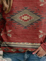 Red Casual Round Neck Long Sleeve Geometric Printed Sweatshirts