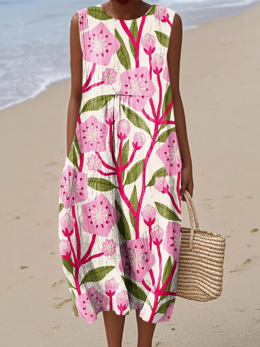 Women's Vintage Floral Art Print Crew Neck Sleeveless Dress