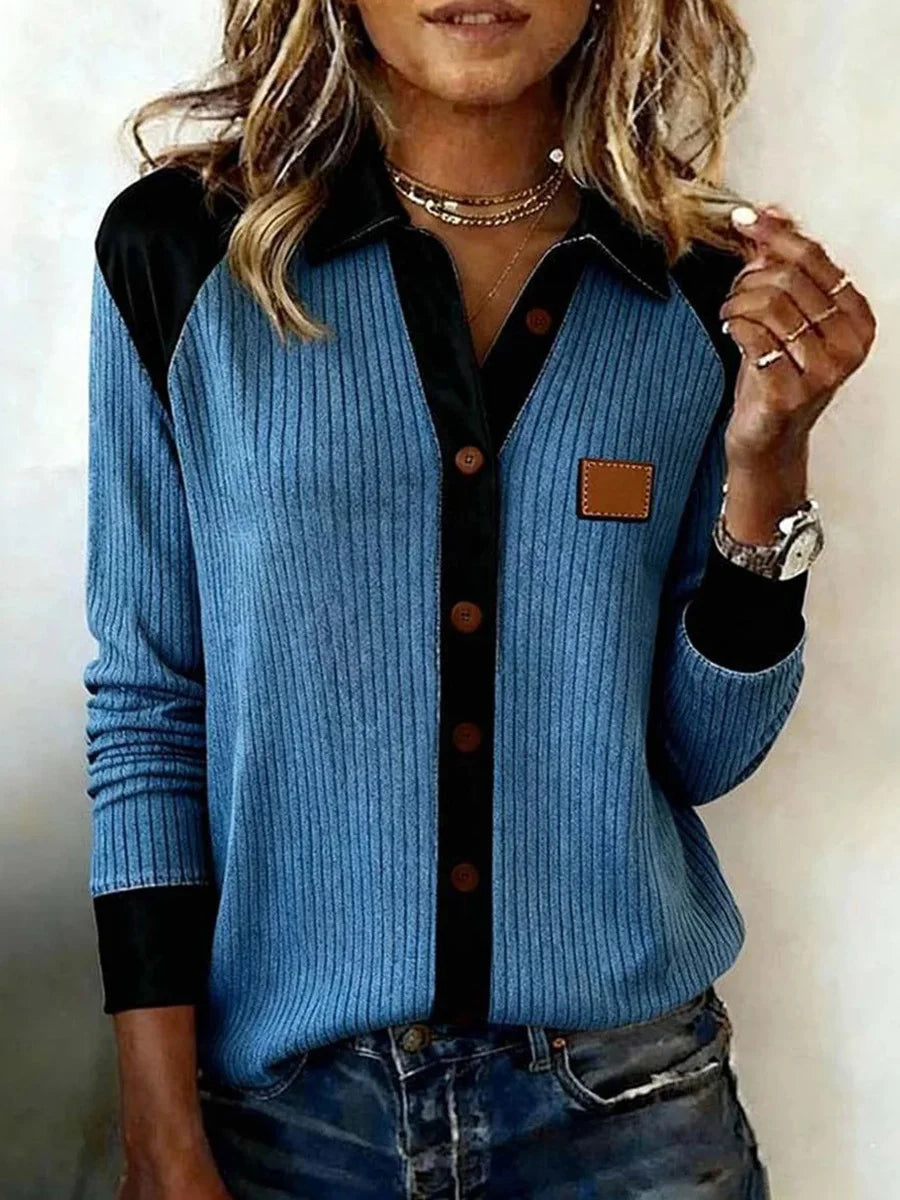Blue Ribbed Button Front Color Block Long Sleeve Sweater