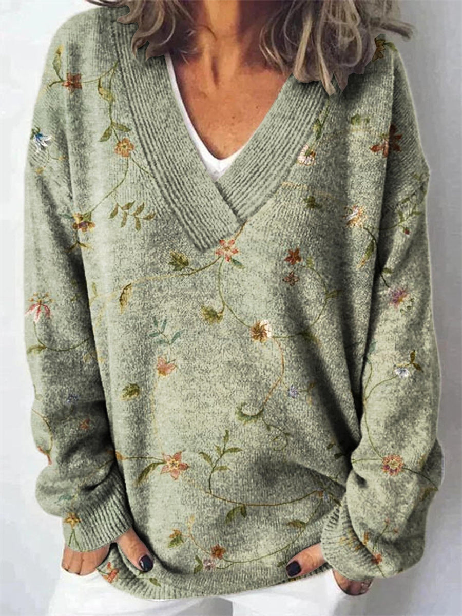 Lovely Floral Print V-Neck Long Sleeve Pullover Sweater