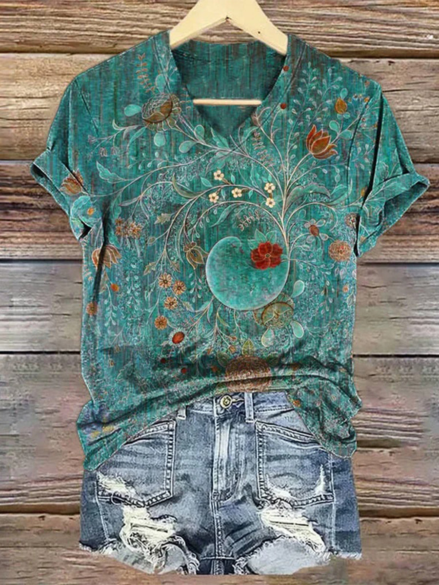 Vintage Floral Print V-neck Short Sleeve T-Shirt