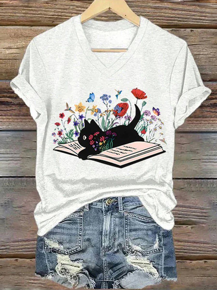 Casual Cat Print V-neck Short Sleeve T-Shirt