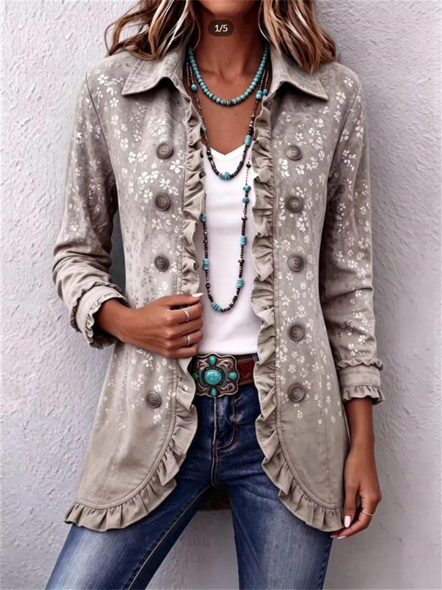 Boho Chic Gold Floral Print Gradient Long Sleeve Jacket