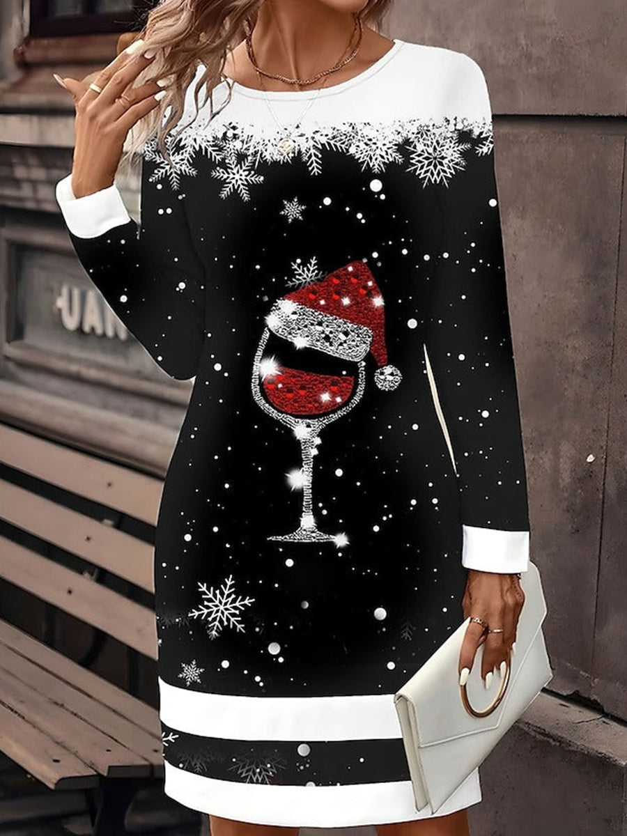 Christmas Casual Round Neck Printed Sweatshirt Dresses