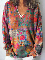 Vintage Floral Print V-Neck Long Sleeve Pullover Sweater