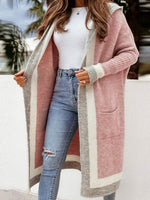 Contrast Hoodie Open Front Long Cardigan