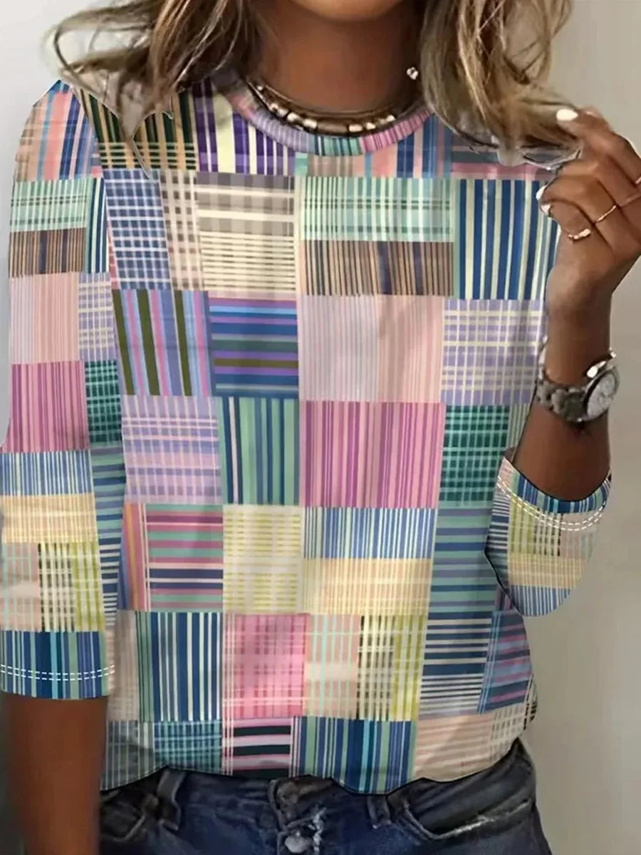 Colorful Patchwork Round Neck Long Sleeve Top