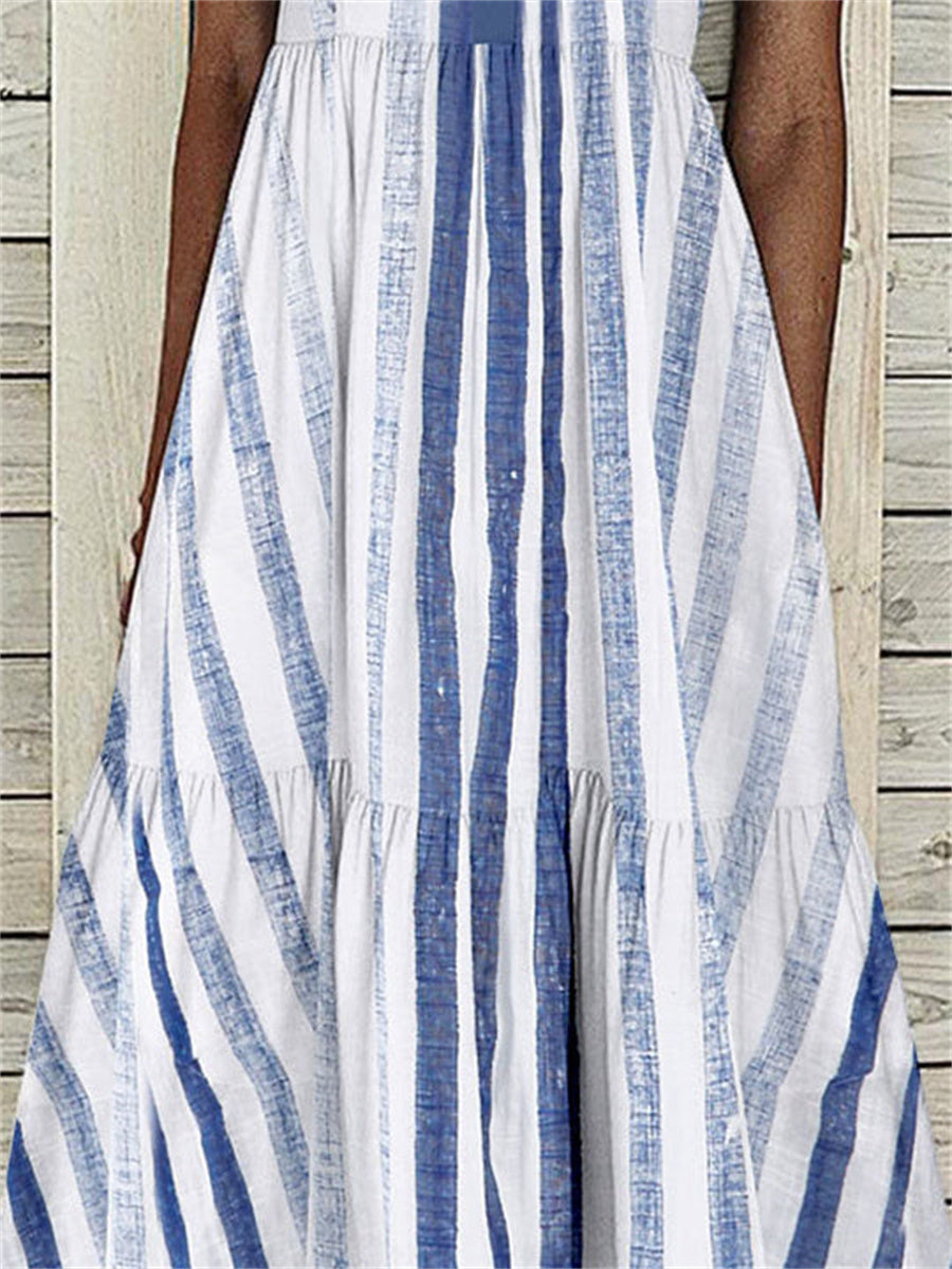 Women Sleeveless Lapel Striped Printed Graphic Button Pockets Maxi Dress