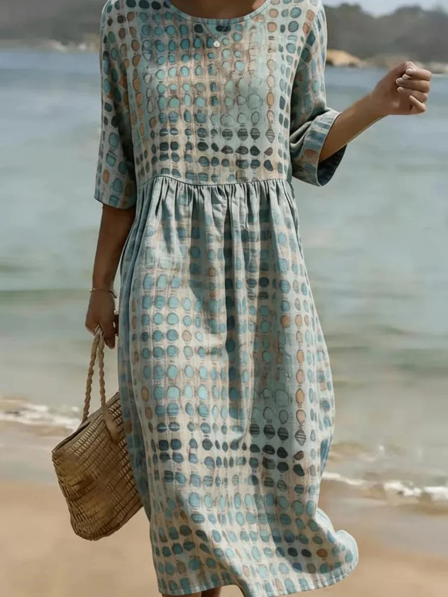 Teal Dot Print Round Neck 3/4 Sleeve Gathered Waist Midi Dress