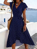 Navy Polka Dot Wrap V-neck Ruffle Short Sleeve Midi Dress
