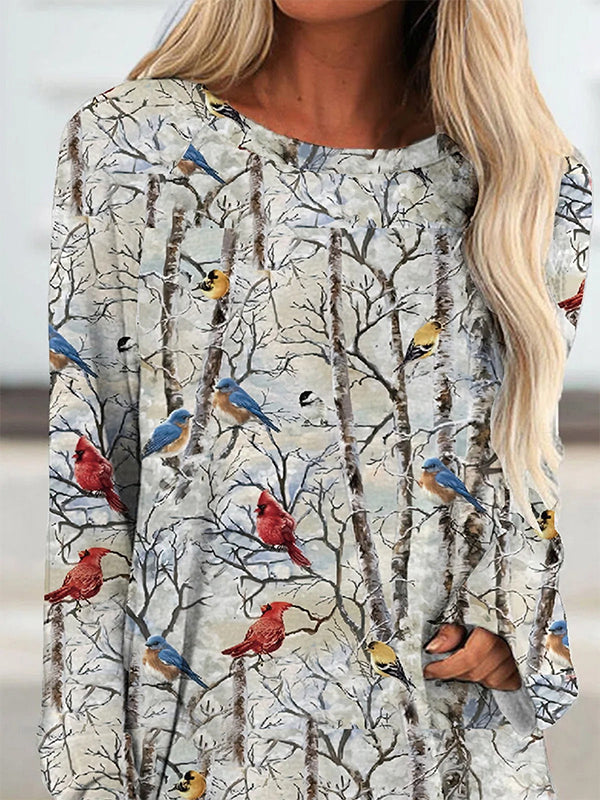 Multi Casual Graphic Tops Round Neck Long Sleeve Bird Printed Sweatshirts