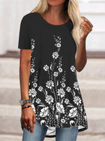 Black Casual Round Neck Printed Short Sleeve Blouse