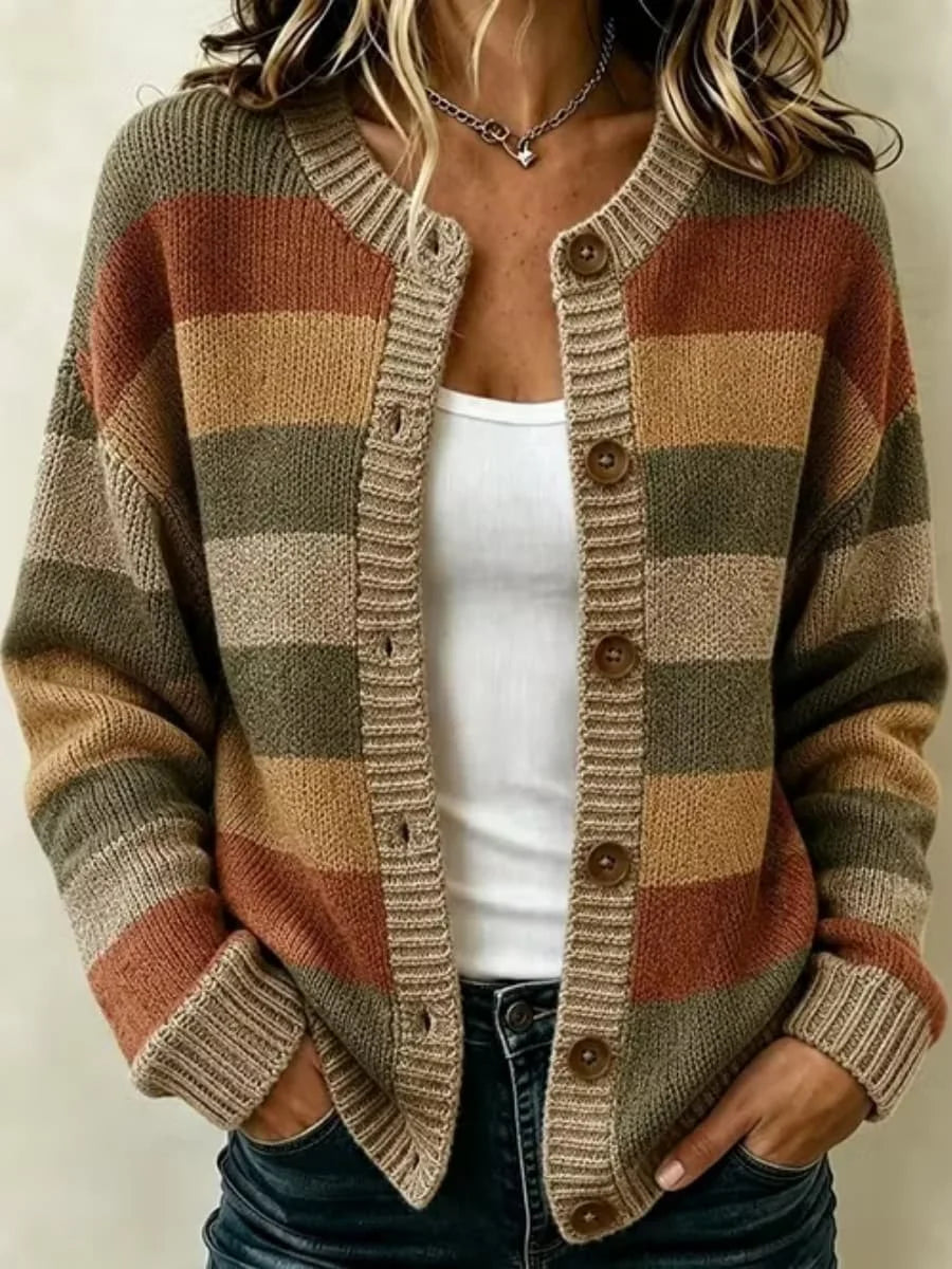 Women's Retro Striped Art Print Knit Button Crew Neck Long Sleeve Cardigan