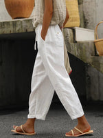 Women's White Loose Cotton Drawstring Pants With Pockets