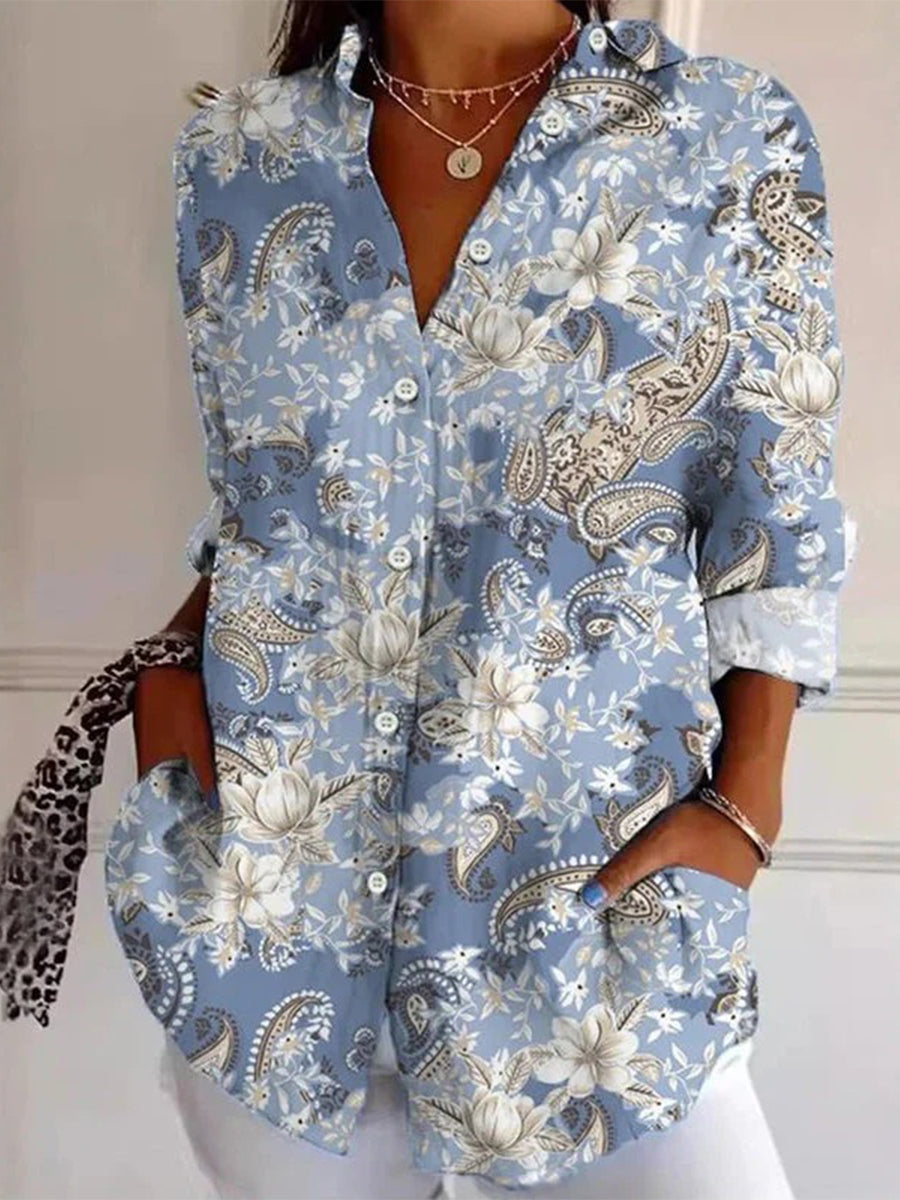 Vintage Floral Print Long Sleeve Blouse
