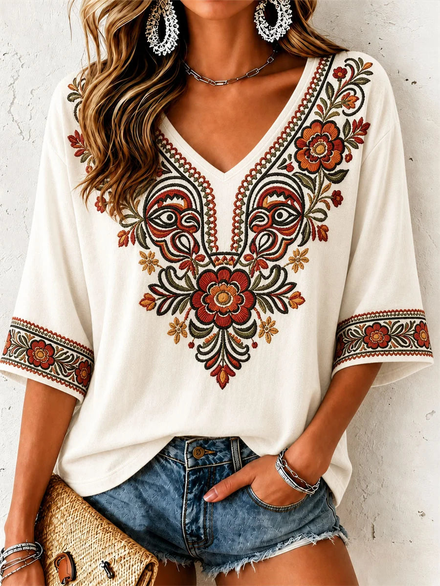 Vintage Floral V Neck 3/4 Sleeve T-shirt