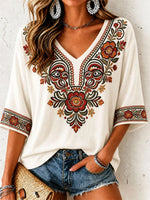 Vintage Floral V Neck 3/4 Sleeve T-shirt