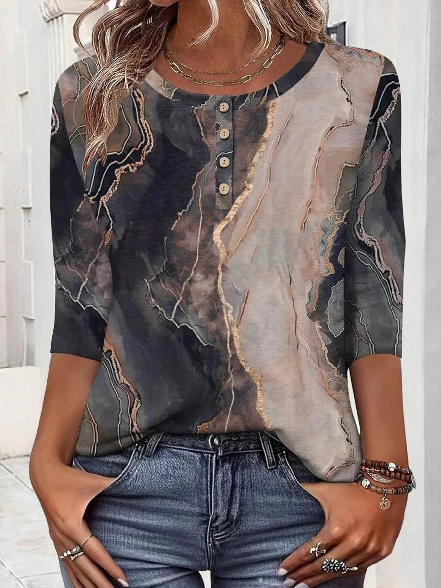 Retro Marble Print Round Neck Long Sleeve Top