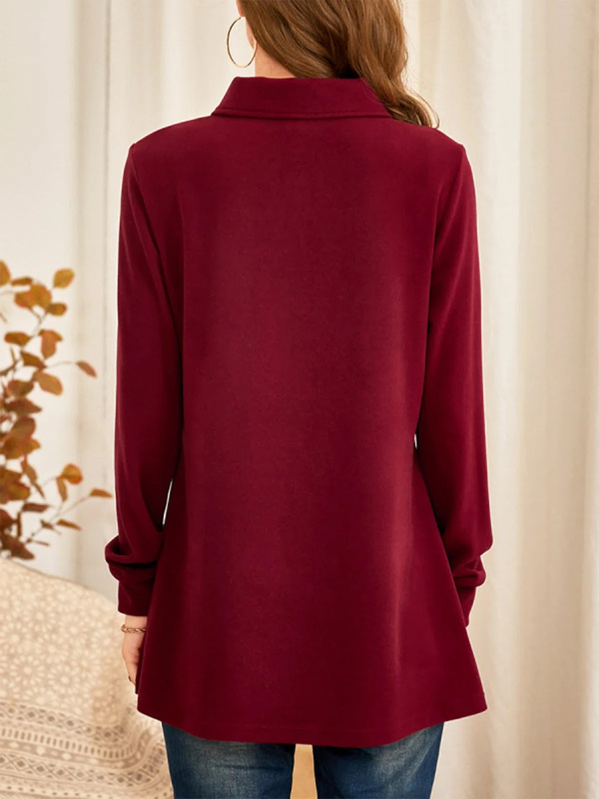 Red Casual V Neck Solid Long Sleeve Tunic Tops