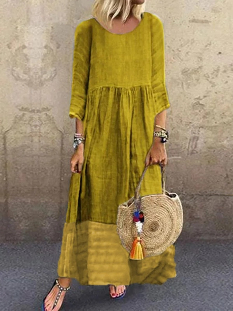 Casual Loose Plain Crew Neck 3/4 Sleeve Linen Paneled Weaving Maxi Dress