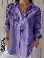 Women 3/4 Sleeve Lapel Floral PrintedPurple Top