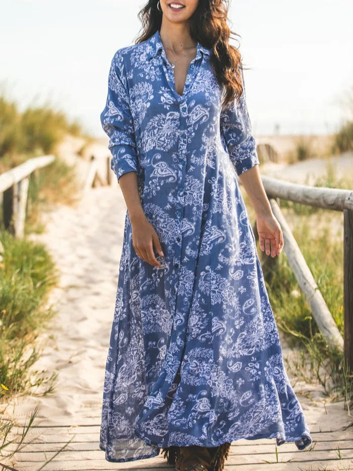 Blue Casual V Neck Floral Printed Long Sleeve Dresses