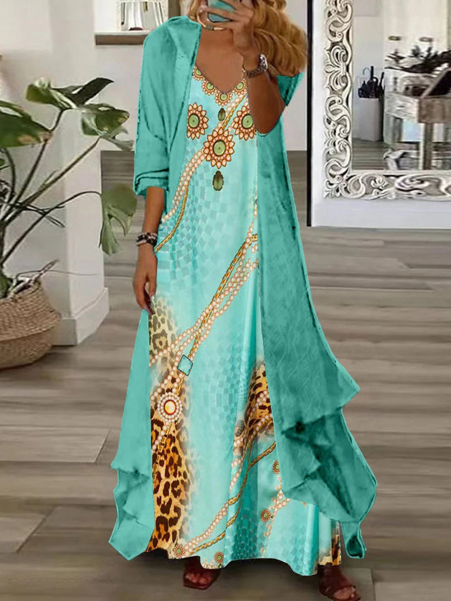 Women's Long Sleeve V-neck Graphic Printed Two Pieces Maxi Dress