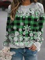 Green Casual Graphic Tops Round Neck Long Sleeve Snowflake Printed Xmas Sweatshirts
