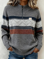 Elegant Half Zip Striped Long Sleeve Sweater