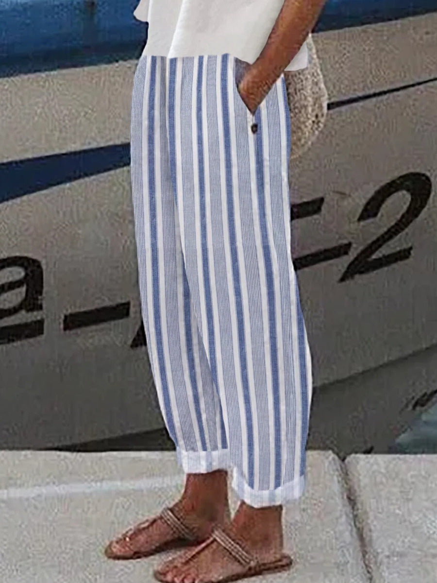 Casual Basic Striped Straight Pockets Pants
