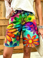 Women's Multi-Color Floral Tie-Dye Printed Cotton Denim Shorts