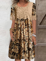 Women's Short Sleeve Scoop Neck Lace Graphic Floral Printed Midi Dress