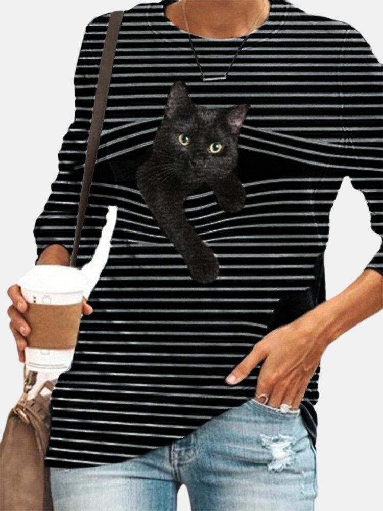 Black Cat Print Long Sleeve O-neck White Striped T-shirt