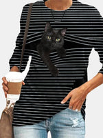 Black Cat Print Long Sleeve O-neck White Striped T-shirt