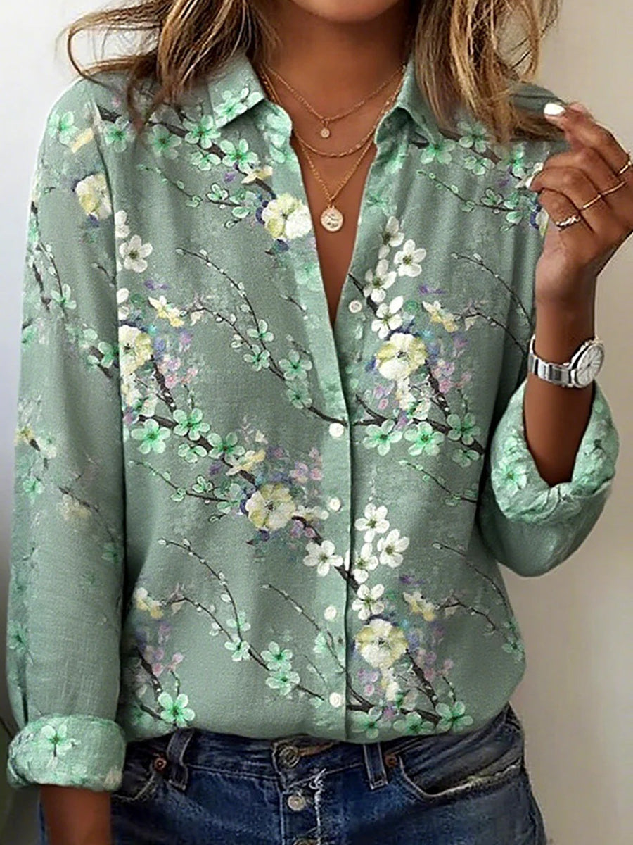Chic Collared Long Sleeve Floral Print Shirt