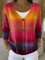 Vintage Gradient Buttoned V-neck Long Sleeve Loose Comfy Cardigan