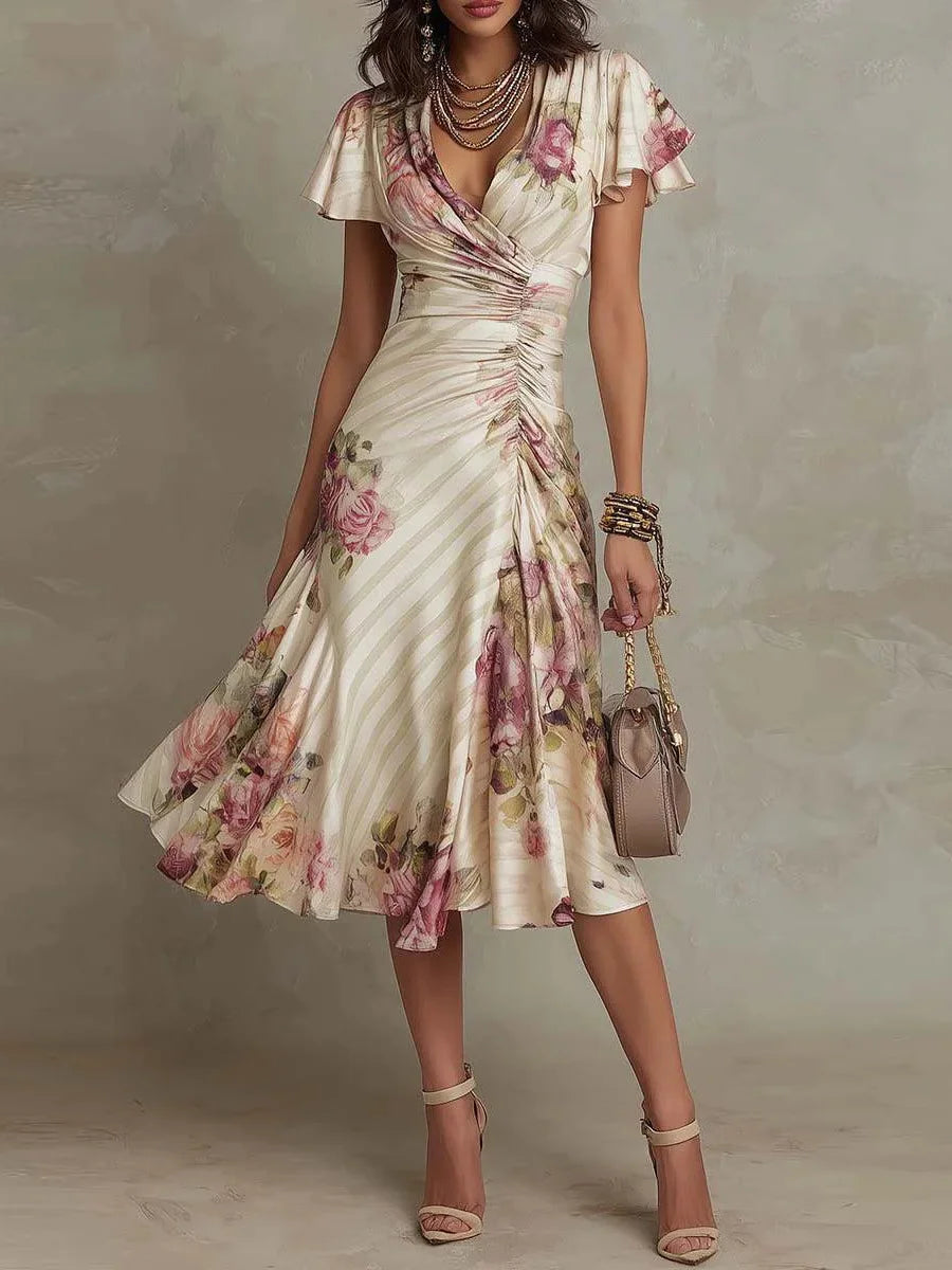 Groovy Floral Print Short Sleeve Midi Dress