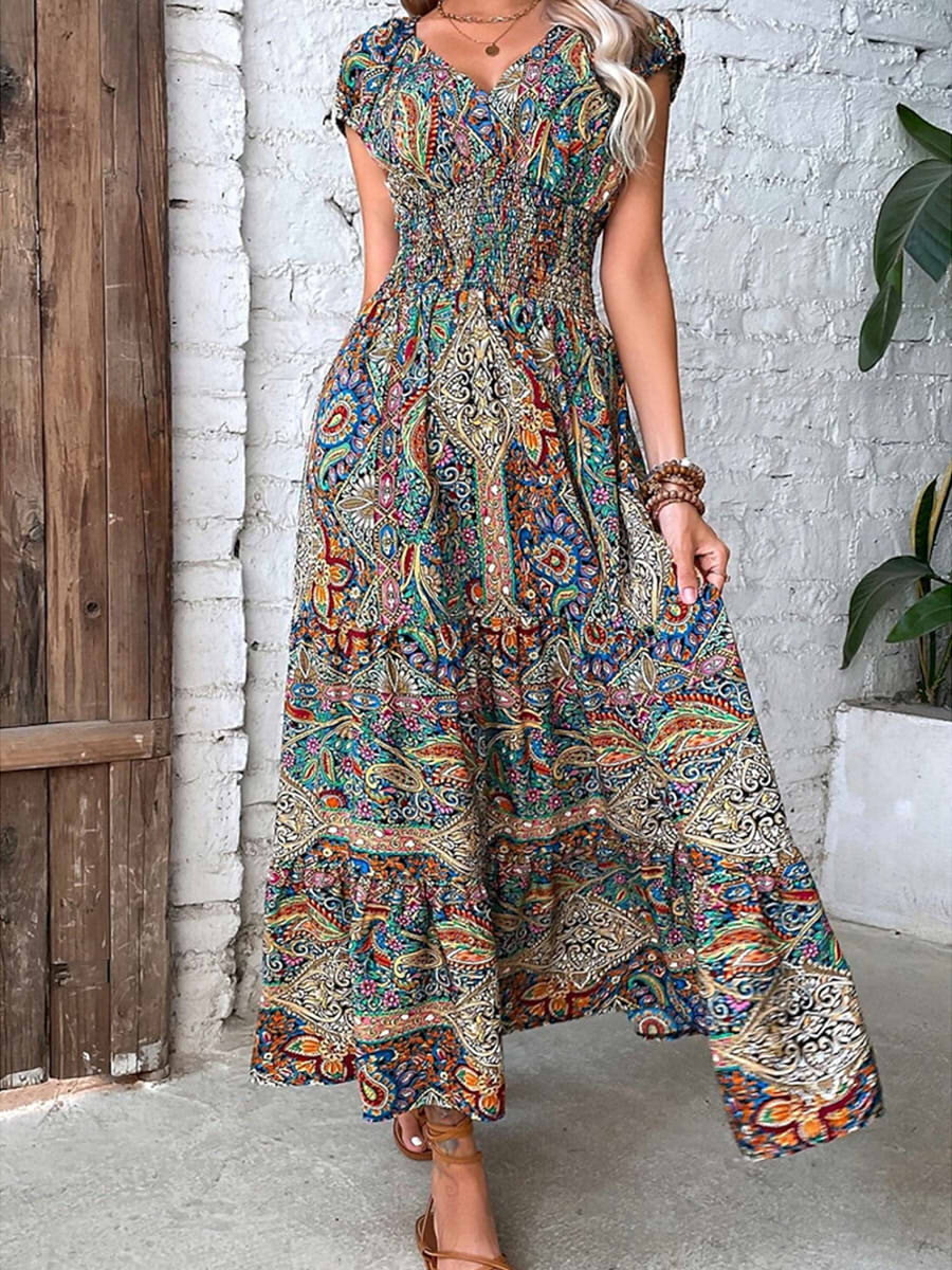V-neck Short Sleeve Floral Maxi Dress